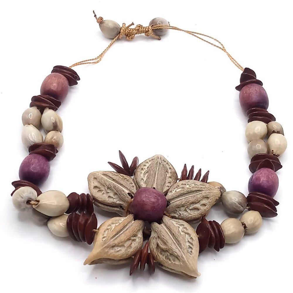 Handcrafted Adjustable Bracelet Natural Seed Beads Floral Design Bohemian Style